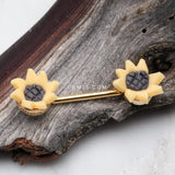 Detail View 1 of A Pair of Sunflower Bloom Handmade Clay Flower Nipple Barbell