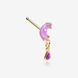Golden Opalescent Moon Sparkle Teardrop Dangle Nose Stud Ring-Purple