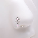 Detail View 1 of Brilliant Rose Pink Flower Sparkle Dangle Nose Stud Ring-Rose Water Opal/Clear Gem