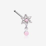 Brilliant Rose Pink Flower Sparkle Dangle Nose Stud Ring-Rose Water Opal/Clear Gem