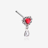 Lacey Heart Filigree Sparkle Dangle Nose Stud Ring-Red/Clear Gem