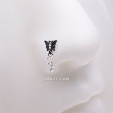Detail View 1 of Black Noir Victorian Butterfly Dangle Sparkle Nose Stud Ring-Clear Gem