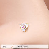 Detail View 2 of Golden White Rose Blossom Sparkle L-Shaped Nose Ring-Aurora Borealis