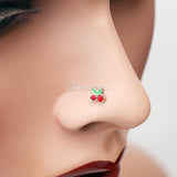 Detail View 1 of Juicy Cute Cherry Sparkles L-Shaped Nose Ring-Red/Green