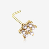 Golden Pearlescent Spring Flower Sparkle L-Shaped Nose Ring-Clear Gem/White