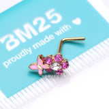 Detail View 3 of Golden Pink Butterfly Flower Sparkle L-Shaped Nose Ring-Clear Gem/Fuchsia