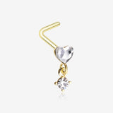 Golden Heart Sparkle Prong Dangle L-Shaped Nose Ring-Clear Gem