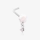Blossom Rose Sparkle Dangle L-Shaped Nose Ring-White/Clear Gem