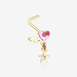 Golden Angel Heart Sparkle Star Dangle L-Shaped Nose Ring-Pink/Clear Gem