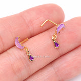 Detail View 3 of Golden Opalescent Moon Sparkle Teardrop Dangle L-Shaped Nose Ring-Purple