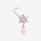 Brilliant Rose Pink Flower Sparkle Dangle L-Shaped Nose Ring