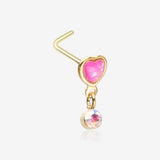 Golden Opalescent Glitter Heart Sparkle Dangle L-Shaped Nose Ring-Pink/Aurora Borealis