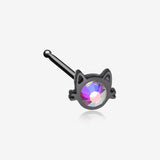 Blackline Adorable Cat Face Iridescent Sparkle Nose Stud Ring-Black/Aurora Borealis