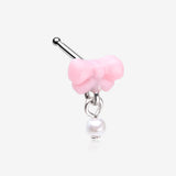 Kawaii Pop Fluffy Bow-Tie Pearlescent Dangle Nose Stud Ring-Pink/White