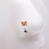 Detail View 1 of Adorable Teddy Bear Sparkle Dangle L-Shaped Nose Ring-Pink