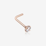 Rose Gold Prong Set Gem Top L-Shaped Steel Nose Ring-Clear Gem
