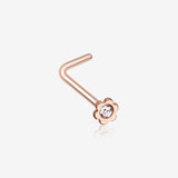 Rose Gold Flower Icon Sparkle L-Shaped Nose Ring-Clear Gem