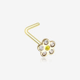 Rose Gold Flower Sparkle L-Shaped Nose Ring-Clear Gem/Yellow