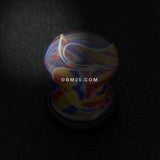 Detail View 1 of A Pair of Vibrant Marble Swirls Single Flared Ear Gauge Plug-Blue/Yellow