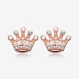 Rose Gold Crown Jewel Multi-Gem Ear Stud Earrings-Clear Gem/White