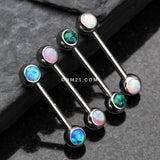 Detail View 3 of A Pair of Fire Opal Steel Nipple Barbell Ring-Blue