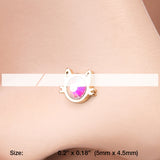Detail View 2 of Golden Adorable Cat Face Iridescent Sparkle Nose Stud Ring-Aurora Borealis