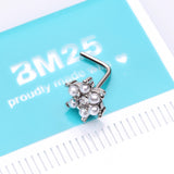 Detail View 2 of Pearlescent Spring Flower Sparkle L-Shaped Nose Ring-Clear Gem/White