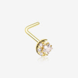 Golden Sparkle Crescent Moon and Star L-Shaped Nose Ring-Clear Gem