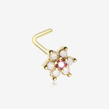 Golden Opalite Rose Spring Flower Sparkle L-Shaped Nose Ring-Pink/White