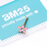 Detail View 3 of Golden Cherry Blossom Flower Sparkle Nose Stud Ring-Clear Gem/Pink