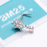 Detail View 4 of Brilliant Rose Pink Flower Sparkle Dangle L-Shaped Nose Ring-Rose Water Opal/Clear Gem