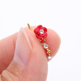 Detail View 2 of Golden Vintage Rose Blossom Dangle Sparkle L-Shaped Nose Ring-Clear Gem