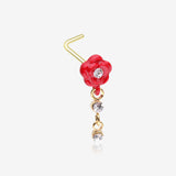 Golden Vintage Rose Blossom Dangle Sparkle L-Shaped Nose Ring-Clear Gem