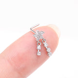 Detail View 2 of Sparkle Flower Dangle Gem Drop L-Shaped Nose Ring-Clear Gem