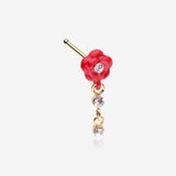 Golden Vintage Rose Blossom Dangle Sparkle Nose Stud Ring