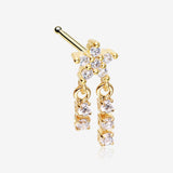 Golden Sparkle Flower Dangle Gem Drop Nose Stud Ring-Clear Gem