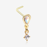 Golden Iridescent Sparkle Inverted Teardrop Dangle L-Shaped Nose Ring-Aurora Borealis/Clear Gem