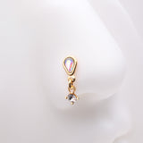 Detail View 1 of Golden Iridescent Sparkle Inverted Teardrop Dangle Nose Stud Ring-Aurora Borealis/Clear Gem