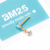 Detail View 4 of Golden Iridescent Sparkle Inverted Teardrop Dangle Nose Stud Ring-Aurora Borealis/Clear Gem