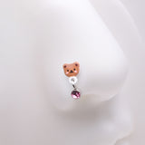 Detail View 1 of Adorable Teddy Bear Sparkle Dangle L-Shaped Nose Ring-Pink