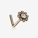 Rose Gold Bali Beads Flower Sparkle Steel L-Shaped Nose Ring