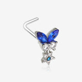 Royal Blue Butterfly Sparkle Dangle Flower L-Shaped Nose Ring-Clear Gem/Blue