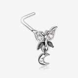 Midnight Butterfly Sparkle Crescent Moon Dangle L-Shaped Nose Ring-Clear Gem/Black