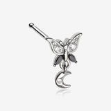 Midnight Butterfly Sparkle Crescent Moon Dangle Nose Stud Ring-Clear Gem/Black