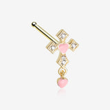 Golden Cross Sparkle Baby Heart Dangle Nose Stud Ring-Clear Gem/Pink