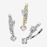 Detail View 1 of Golden Brilliant Heart Sparkle Dangle Curved Bar Belly Clicker-Clear Gem