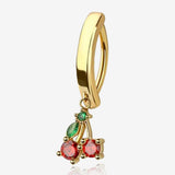 Golden Lucky Cherry Sparkle Dangle Minimalist Curved Bar Belly Clicker