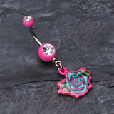 Detail View 2 of Retro Tattooed Rose Belly Button Ring-Pink