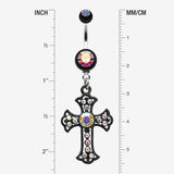 Detail View 1 of Blackline Opulent Cross Belly Button Ring-Aurora Borealis