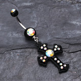 Detail View 2 of Blackline Opulent Cross Belly Button Ring-Aurora Borealis